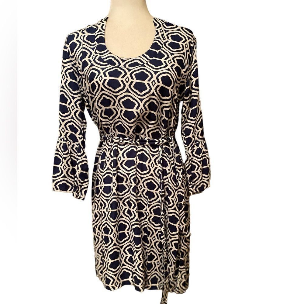 Escapada Bell Sleeve Navy & White Midi Dress Size Large Tie Waist